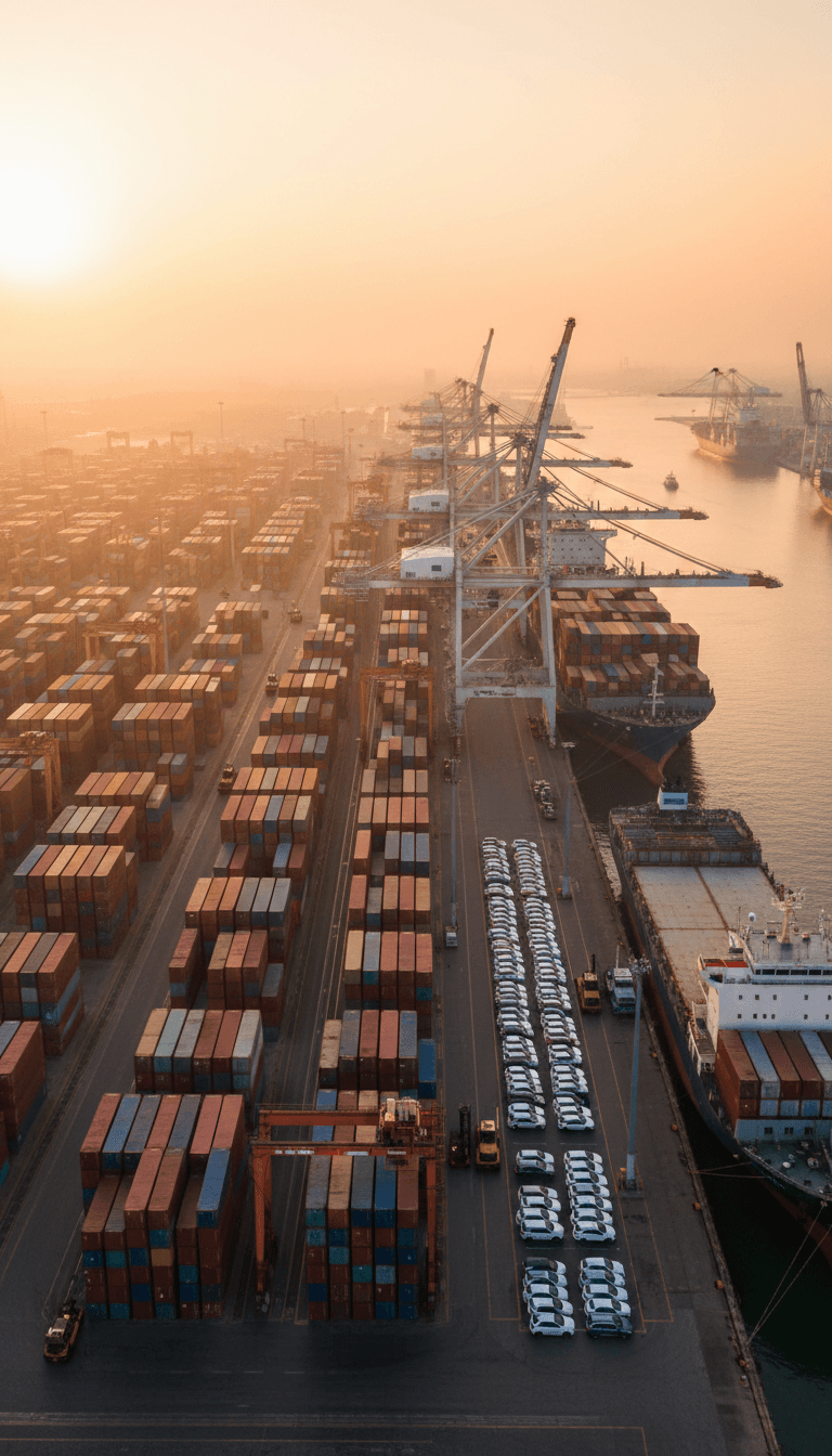 International shipping port with vehicles and containers