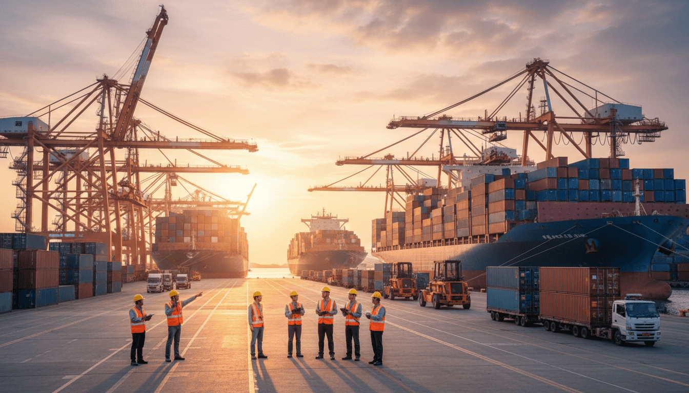 International vehicle cargo ship at port