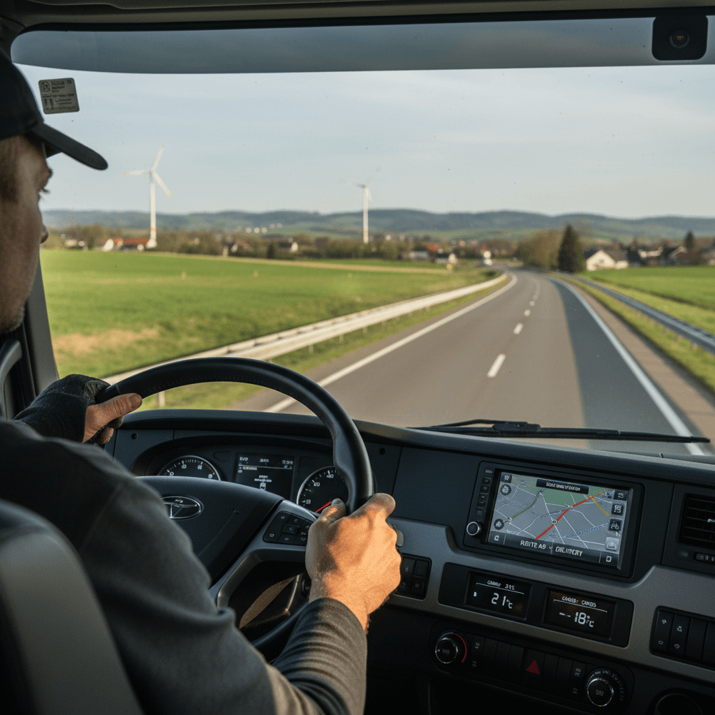 Truck driver's hands on steering wheel inside modern cab with GPS and temperature monitoring systems visible